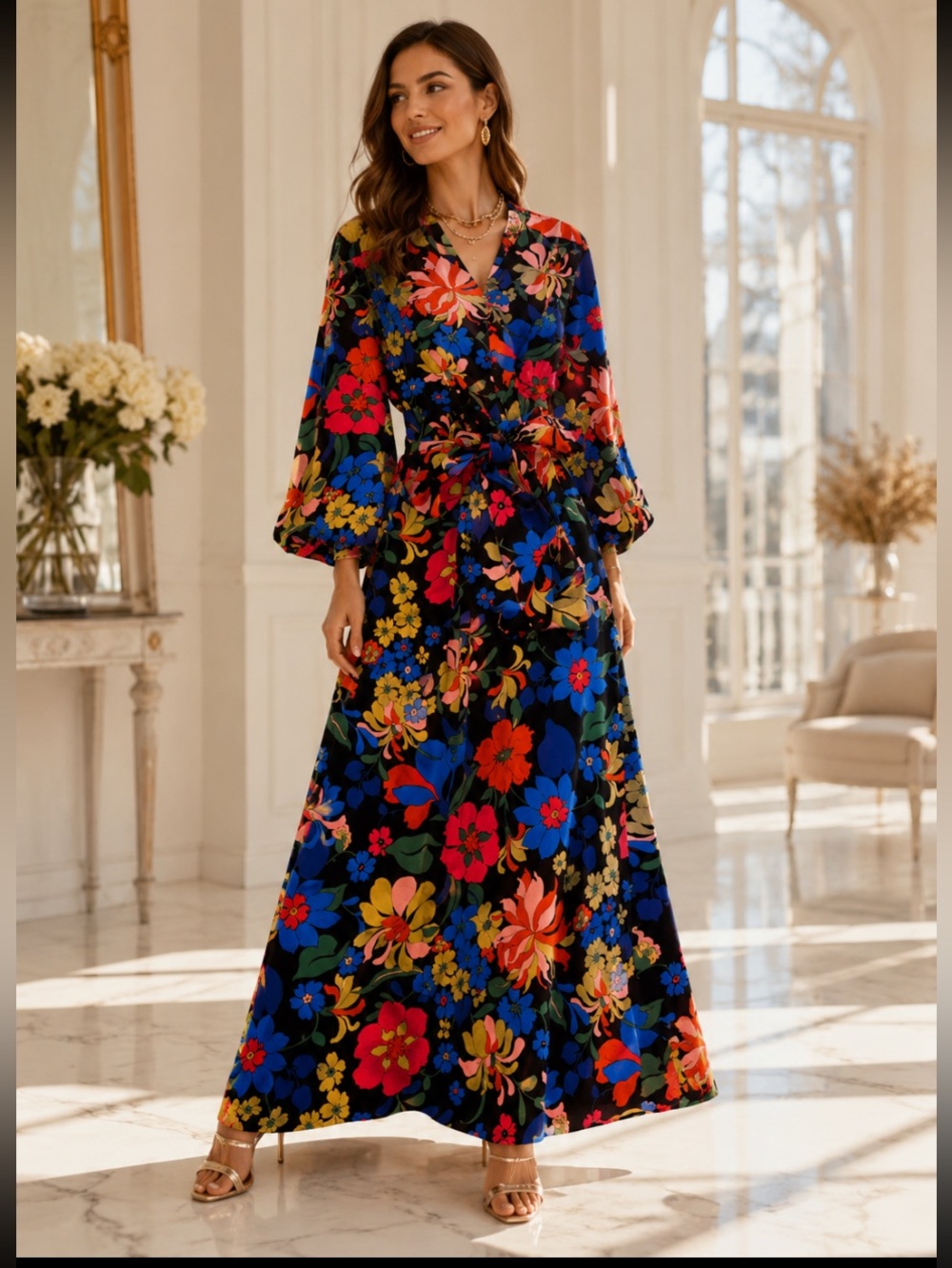 New One Fine Day Black Floral Wrap Maxi Dress with Vibrant Blooms size 10